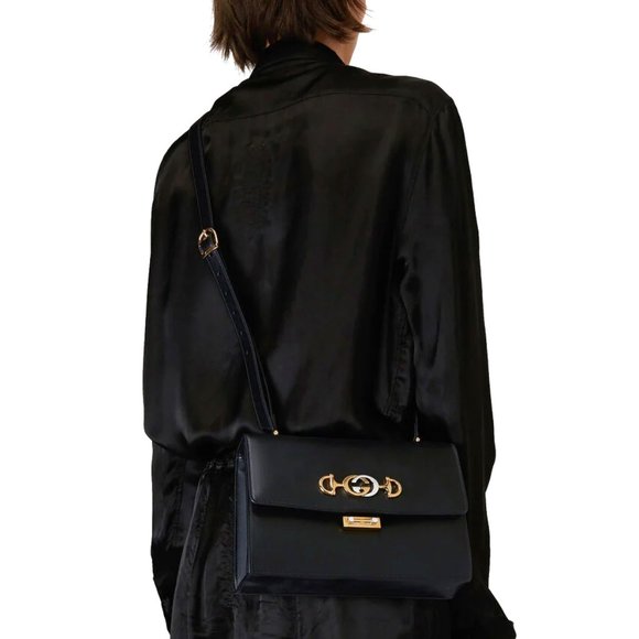 NEW GUCCI Zumi Interlocking G Horsebit Black Grain Leather Small Crossbody Bag - Picture 9 of 15